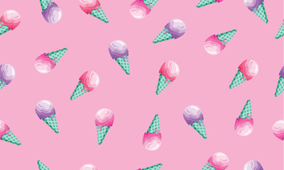 Cute seamless pattern with hand drawn ice cream. Pink and purplemelted ice cream motif horizontal wallpaper vector illustration