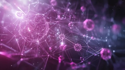 Abstract digital network with interconnected nodes in vivid pink hues, embodying a futuristic and imaginative atmosphere.