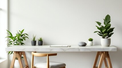 The image shows a clean and modern kitchen counter with a wooden stool and a white cushion. There are potted plants on the counter and a rock on the right side..jpg