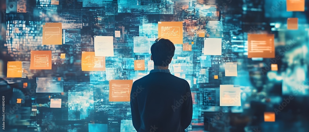 Poster a person gazes at an abstract digital interface filled with colorful data and information, represent