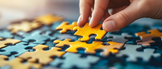 A person placing the final puzzle piece into a colorful jigsaw. Perfect for themes of completion, problem-solving, and teamwork.
