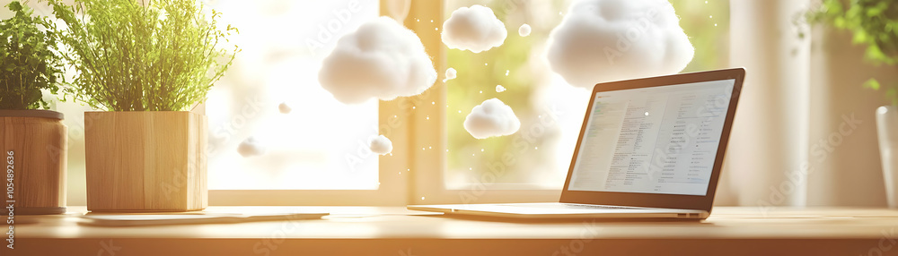 Poster cloud computing futuristic workspace concept panoramic view office setup digital art screens bokeh h