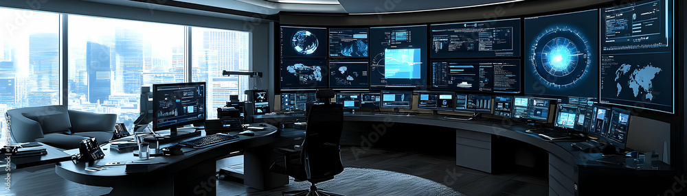 Poster cloud computing futuristic workspace concept panoramic view office setup digital art screens display