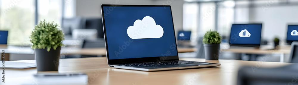 Poster cloud computing futuristic workspace panorama digital art office setup abstract screens bokeh highli