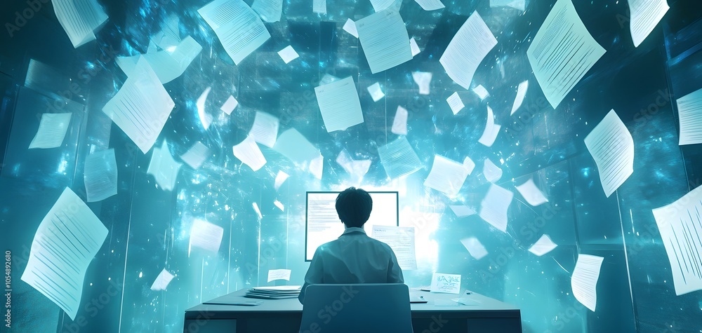 Poster a person working on a computer surrounded by floating documents, symbolizing data processing and dig