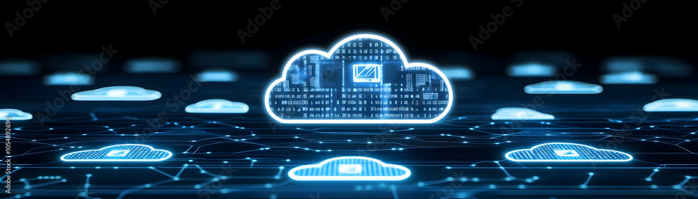 Poster cloud computing futuristic workspace panoramic view abstract digital art screens bokeh highlights mo
