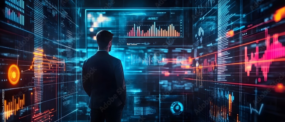 Aufkleber a professional analyzes digital data with futuristic visualization, showcasing insights and trends i