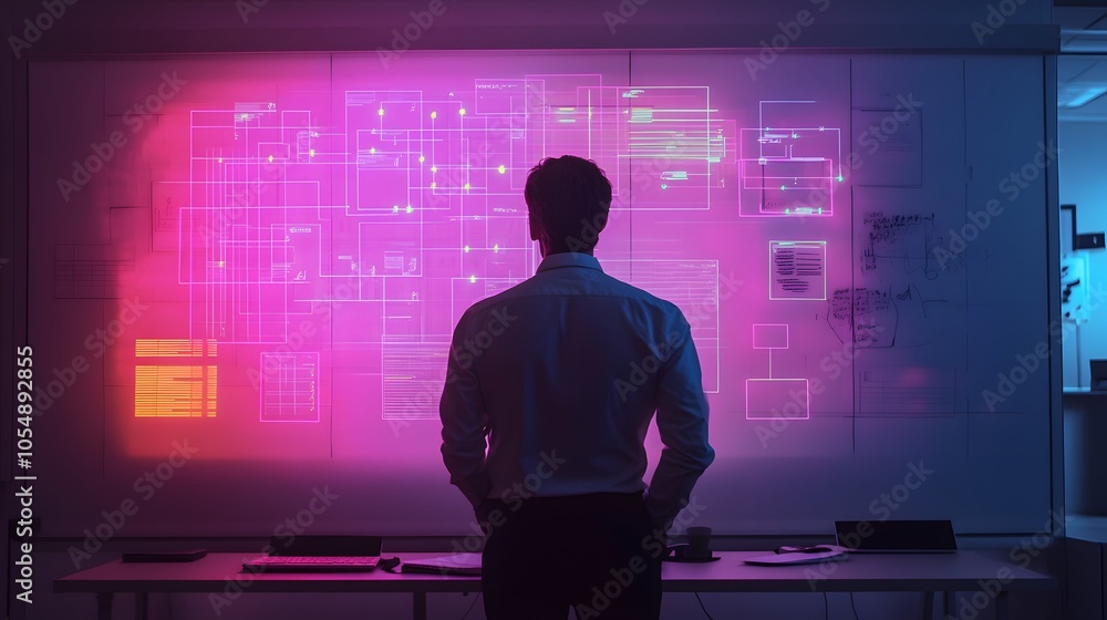 Poster a professional analyzing data on a large screen in an innovative office environment, reflecting mode