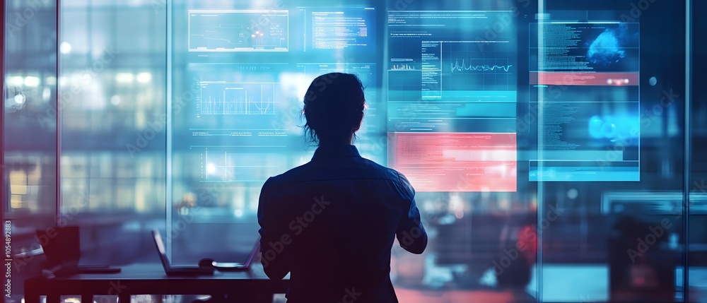 Poster a professional analyzing data on digital screens in a modern workspace, showcasing technology and in