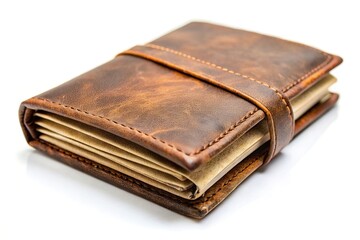 Obraz premium Weathered leather notebook on plain white background in forced perspective