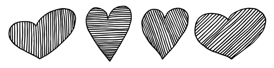 Geometric Doodle Love Icon Set. A collection of hand-drawn hatching lines hearts. Black outlines isolated on a white background. Simple elements.