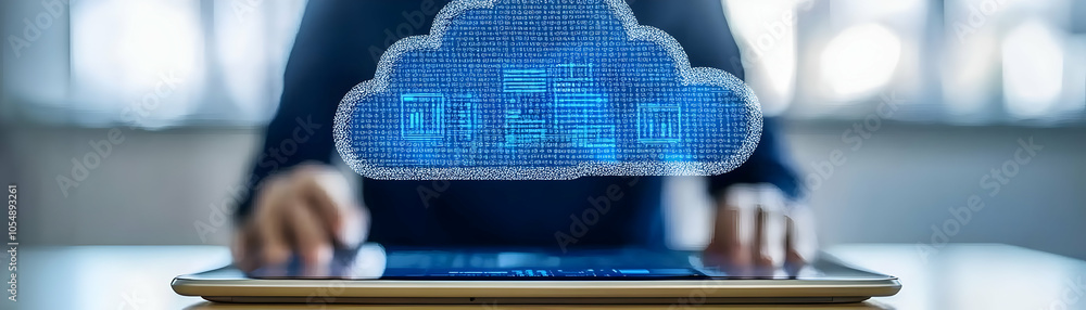 Poster cloud innovation competence: tech professional configuring cloud infrastructure on tablet with soft 