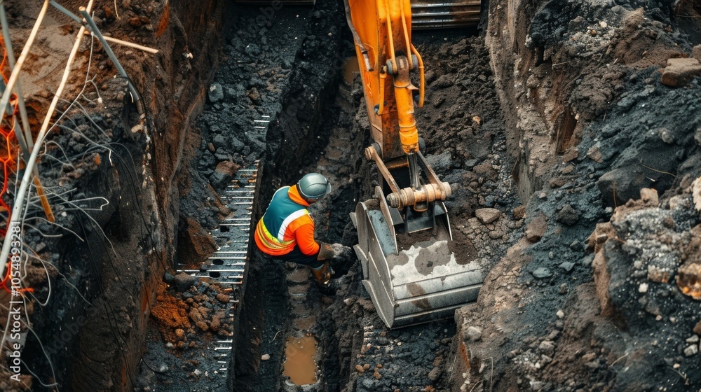 Poster a construction worker operating an excavator creating a deep trench for the foundation of a new buil