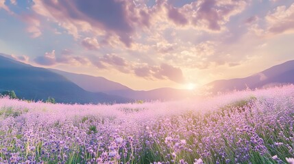 Obraz premium A serene landscape with lavender fields under a colorful sunset, showcasing nature's beauty and tranquil vibes.