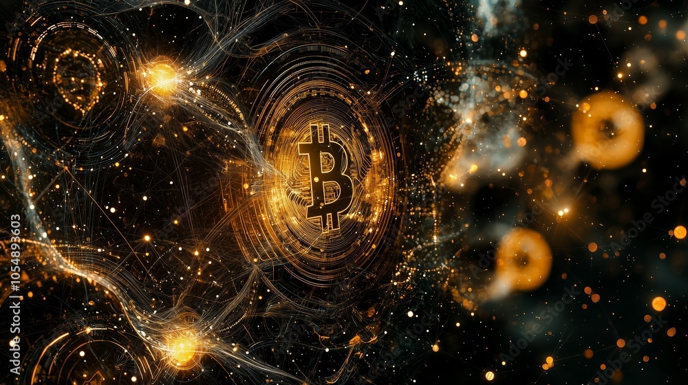 Poster abstract representation of bitcoin within a digital network, blending concepts of finance, technolog