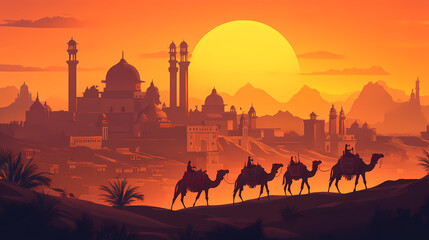 Silk road caravan camels against ancient city architecture desert sunset historical trade route scene. Ancient Silk Road Caravan. Illustration