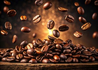 Obraz premium Captivating Product Photography of Elegant Coffee Beans Floating in Air - Premium Quality, Organic, Freshly Roasted, Gourmet Coffee, Aromatic, Dark Roast, Espresso Beans, Coffee Lovers, Artisan Coffee