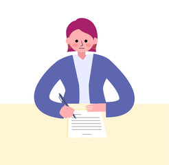 スーツを着た女性がデスクで書類に記述しているイラスト