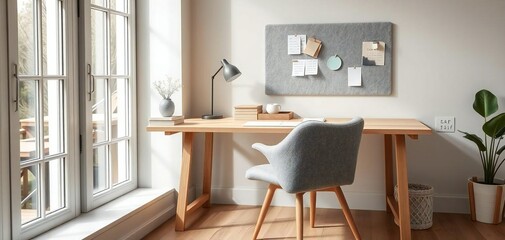 The image displays a cozy home office setup. The office features a wooden table with a lamp and various items on it, a grey armchair, and a window with a white frame..jpg