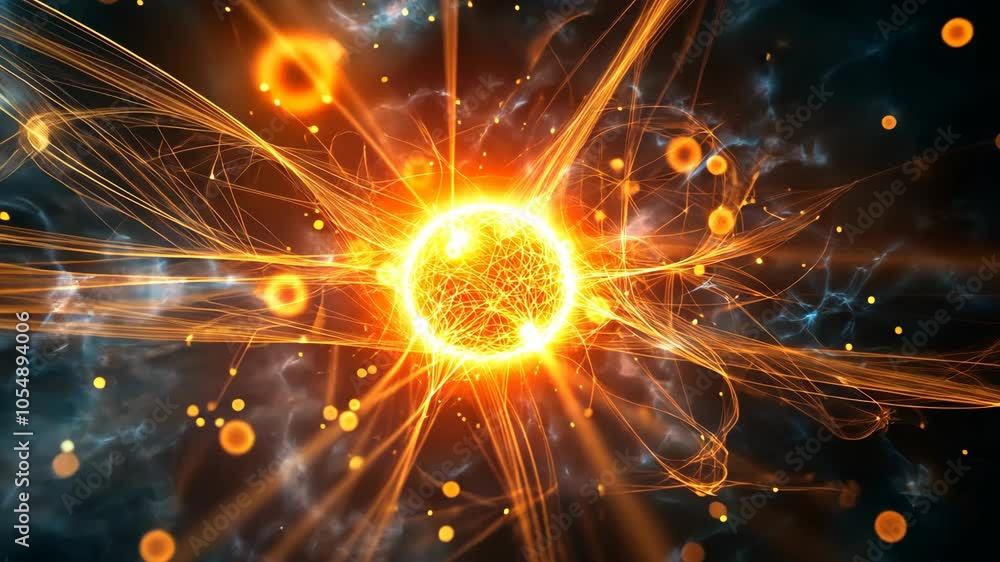 Wall mural a bright orange orb emits energy, surrounded by glowing strands and particles against a dark backdro