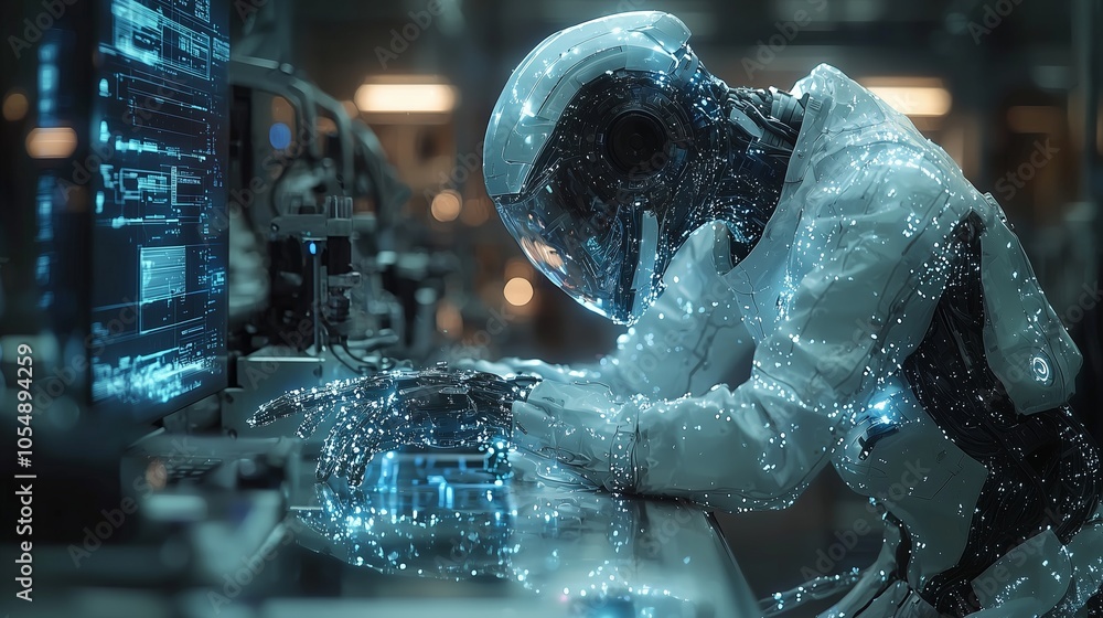 Poster a humanoid robot in a lab, engrossed in technology interaction. lights create a futuristic, high-tec