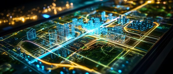 A stunning aerial view of a futuristic cityscape illuminated by vibrant neon lights and intricate road patterns.