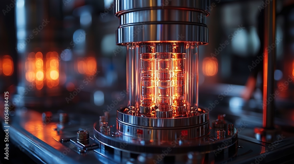 Poster a close-up view of a futuristic mechanical device with a glowing core, set in an industrial environm