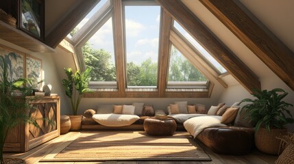Bright attic room with large skylights, wooden beams, and plush seating, ideal for relaxation or creative work, filled with natural light.