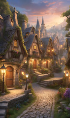 Fototapeta premium Whimsical fairytale village with cobblestone streets, cozy cottages, and lamp posts, perfect for a fantasy game setting.