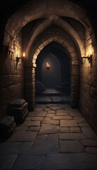 Dark medieval castle interior with stone walls, flickering torchlight, and shadows, suitable as a dungeon or fortress game background.