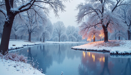 Serene Winter Wonderland with Snowy Trees Reflecting in Calm Lake at Twilight