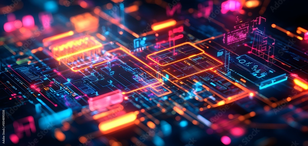 Poster a vibrant, high-tech circuit board with glowing neon lines and intricate patterns, ideal for tech an