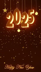 Happy New Year 2025. Hanging golden 3D numbers with  golden glitters on a defocused colorful, bokeh background.