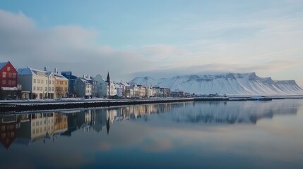 Scenic view of Reykjavik coastal road, with colorful buildings, the calm waters of the bay, and snow-capped mountains beyond. No people included.