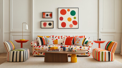 Bright and playful living room featuring polka dot sofa, colorful accent chairs, and stylish coffee table. vibrant decor creates cheerful atmosphere