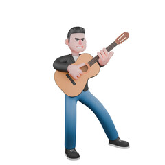 Animated 3D Music Performer. A male musician is standing holding a guitar, with an expression of playing the guitar. Cartoon Singer