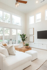 Fototapeta premium A bright and airy living room featuring white sectional sofa, wooden coffee table, and large windows that invite natural light. space is elegantly decorated with plants and minimalistic art, creating