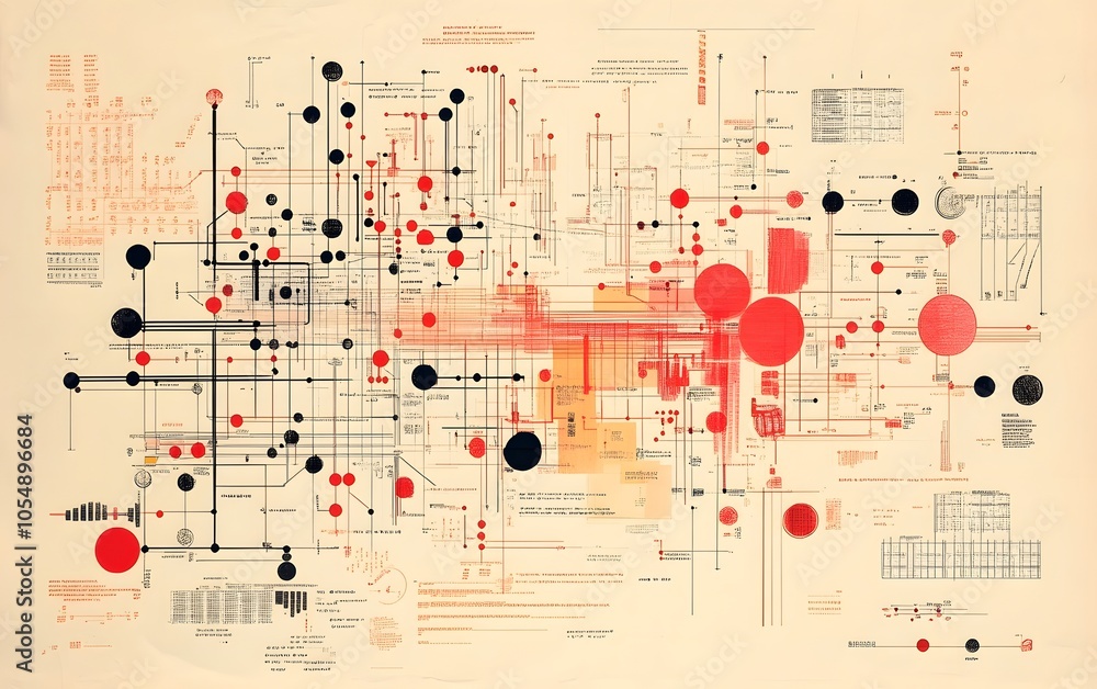 Poster abstract diagram featuring colorful circles and lines, representing complex data visualization and i