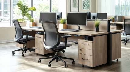 Modern office workspace with ergonomic chairs and dual monitors