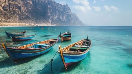 Naklejka premium Scenic view of the traditional fishing boats anchored off the coast of Socotra Island, capturing the island's maritime culture. No people included.