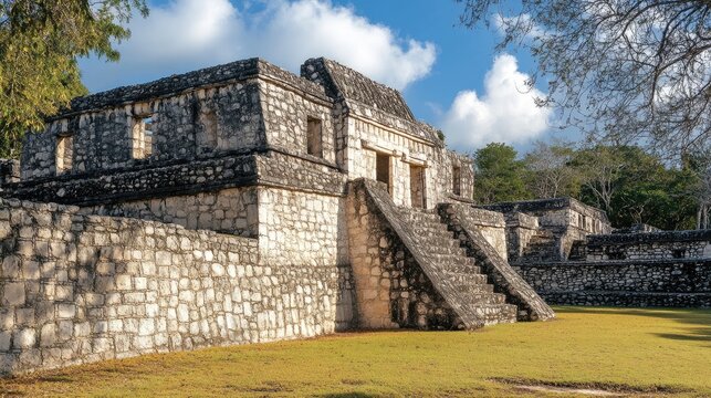 Scenic view of the Nunnery Quadrangle at Chichen Itza, highlighting the unique architecture and serene atmosphere of the site. No people included.