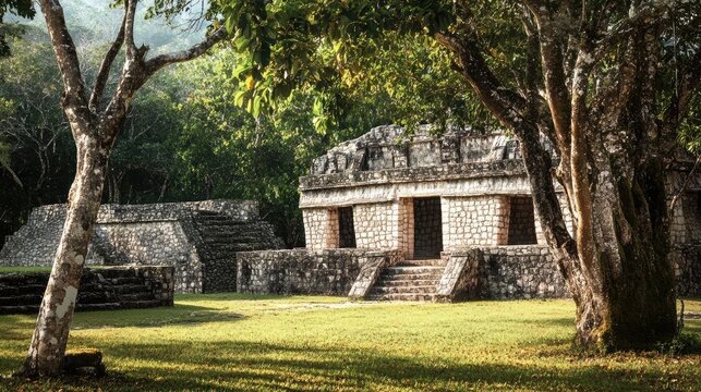 Scenic view of the Nunnery Quadrangle at Chichen Itza, highlighting the unique architecture and serene atmosphere of the site. No people included.