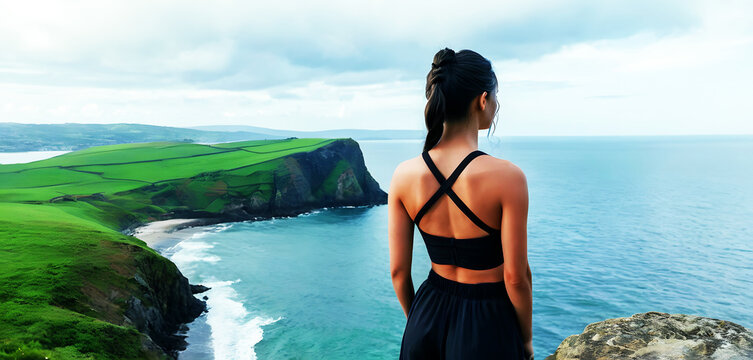 A young woman with long, dark hair in a ponytail stands near the ocean, gazing thoughtfully toward the distant coastline. She&rsquo;s seen from behind, wearing a simple, dark swimsuit against a serene seasc