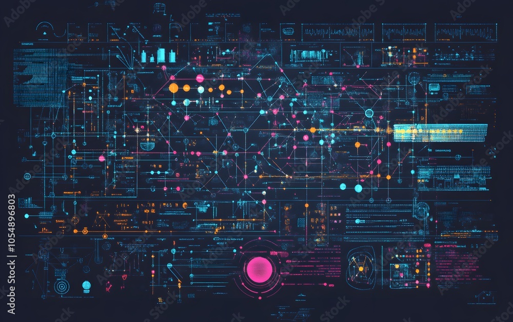 Poster abstract digital network graph with vibrant colors and intricate connections representing data flow 