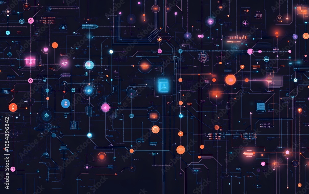 Poster abstract digital network with colorful nodes and lines representing technology and communication in 
