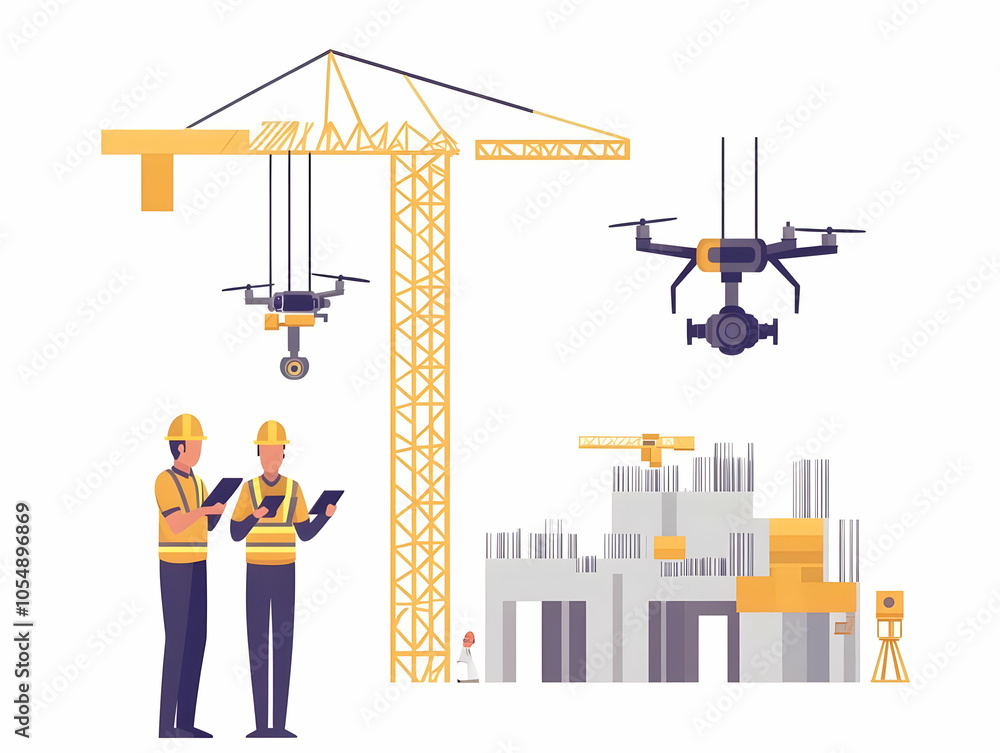 Poster flat automated construction site management concept: wide shot of construction site with workers usi