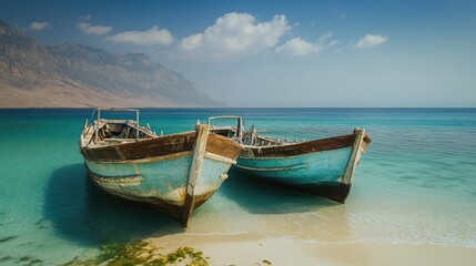 Scenic view of the traditional fishing boats anchored off the coast of Socotra Island, capturing the island's maritime culture. No people included.