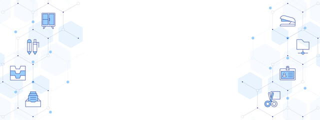 Office Banner Vector Illustration with Two-sided Icon Style. Line Duotone icon. Containing scissors, pen, cabinet, id card, stapler, inbox, folder