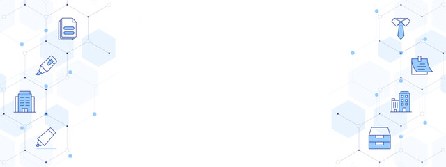 Office Banner Vector Illustration with Two-sided Icon Style. Line Duotone icon. Containing sticky note, archive, documents, office building, marker, highlighter, tie, office