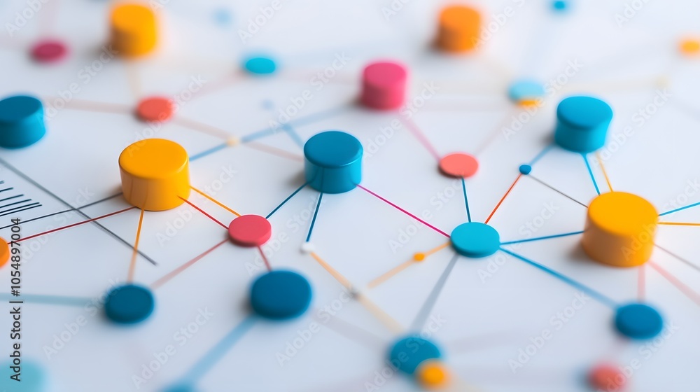 Poster abstract network design with colorful nodes and lines, symbolizing connectivity and collaboration in